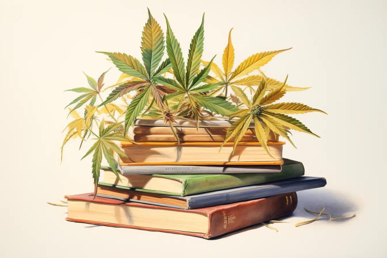 Bücher, aufeinandergeschichtet, mit Cannabisblättern als Zierde.